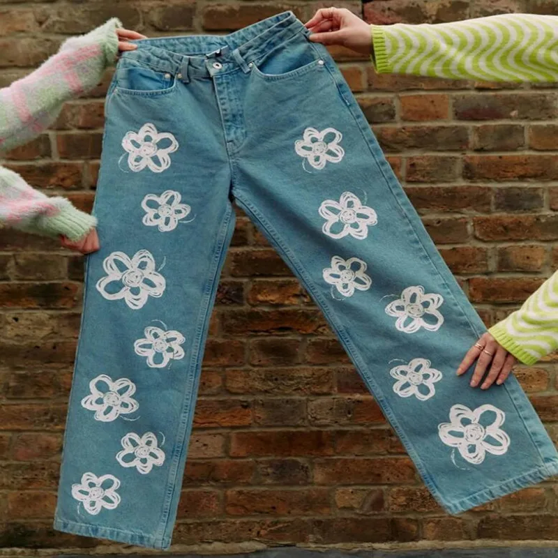 

Модные Винтажные джинсовые брюки с цветочным принтом, женские уличные мешковатые брюки с высокой талией, повседневные брюки-карго в стиле Харадзюку s1219