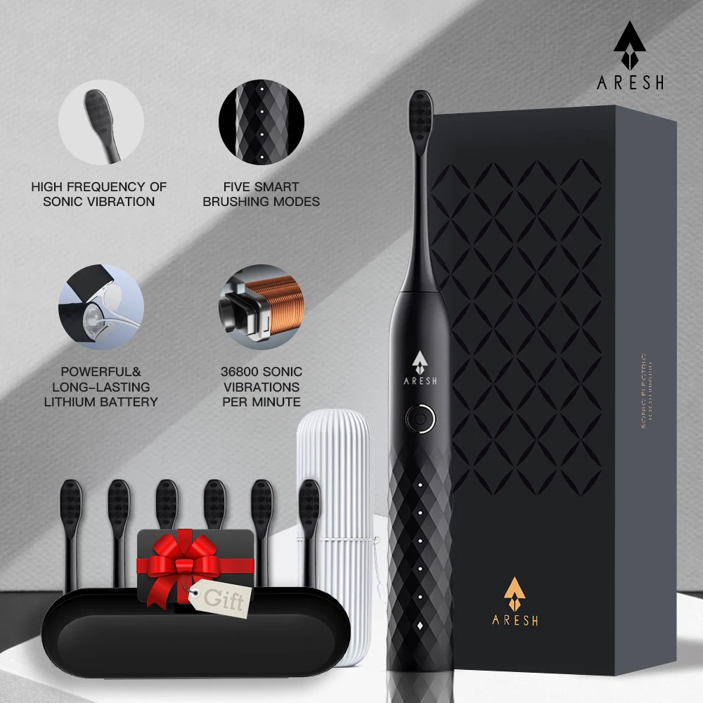 Schwarz Business Elektrische Zahnbürste ARESH L1 Smart Wiederaufladbare Sonic Zahnbürste 5 Modus Erwachsene IPX7 Automatische Ultra sonic Pinsel