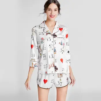 

Summer Women Imitation Silk Pajamas Set 3/4 Sleeve Notched Tops Shorts Cartoon Print Sleepwear
