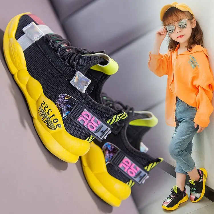

2019 Autumn New Style Girls Athletic Shoes Korean-style Versatile Big Boy Knitted Breathable Running Shoes Soft Bottom