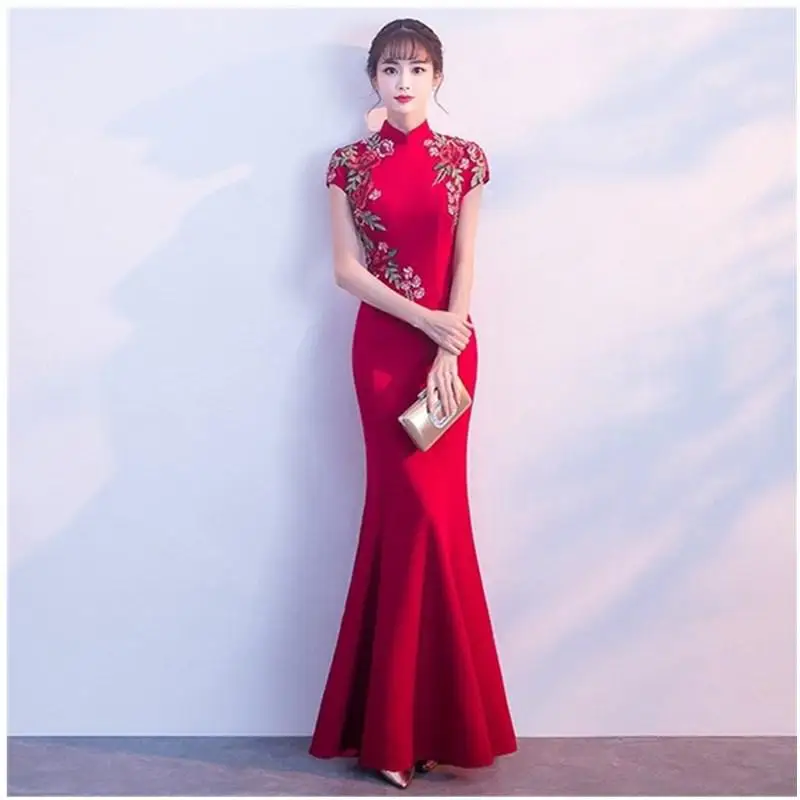 Красный Для женщин Русалка Cheongsam Длинные вечерние платья с воротником «Мандарин», китайский Стиль вышивка для свадьбы или торжественного случая, Украшенные невесты Vestido XS-3XL - Цвет: Dark Red