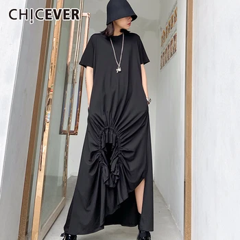 

CHICEVER Korean Irregular Drawstring Ruched Dress For Women O Neck Short Sleeve Loose Plus Size Female Dresses 2020 Summer New