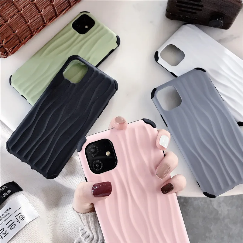 

Solid Color Wave Pattern Phone Cases For iPhone 7 8 6 6s Plus 11 Pro Max XR X Xs Max Back Acrylic Soft Silicone Edge 3D Covers
