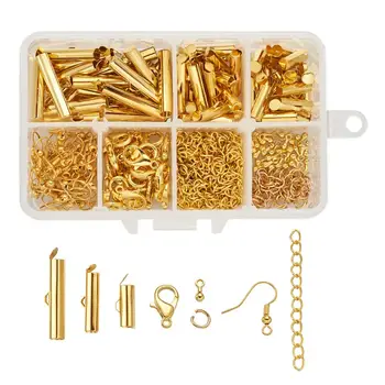 

250pcs/box Slide On End Clasp Tubes Extender End Chains Jump Rings Lobster Claw Clasps Earring Hooks For Jewelry Making Golden