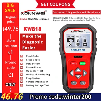 

KONNWEI KW818 Enhanced OBDII ODB2 EOBD Car Diagnostic Scanner 12V Battery Tester Check Engine Engine Automotive Code Reader Tool