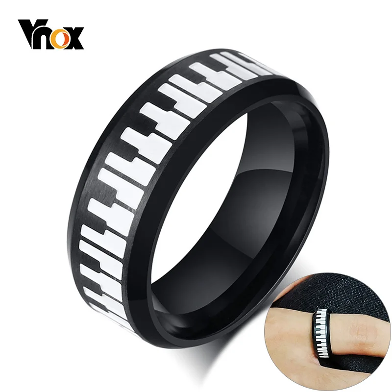 Vnox Stylish Piano Elements Wedding Bands Rings for Men Black Stainless Steel Beveled Polished Edge Comfort Fit Male Jewelry | Украшения и