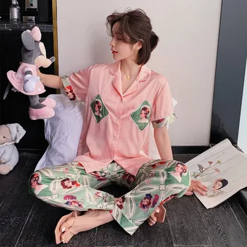 

Women Summer Pajamas Set Nightwear Korean Short Sleeve Sleep Suit Casual Soft Satin Sleepwear Print Cartoon Shirt&pant Bathrobe
