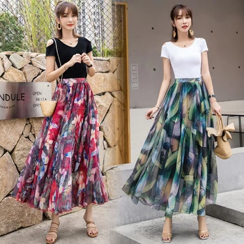 

Summer Chiffon Silk A-Line Skirt Women Bohemian Prints Elastic Waist Mid-calf Skirt Female Fashion Beach Loose Umbrella Skirt