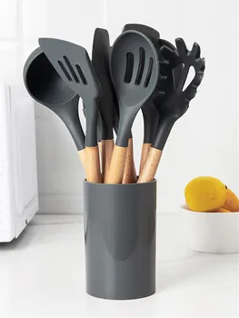 

1Pc Gray Non-stick Silicone Baking Cooking Tools Utensil Wooden Handle Spatula Shovel Eggbeater Kitchen Cookware Tools