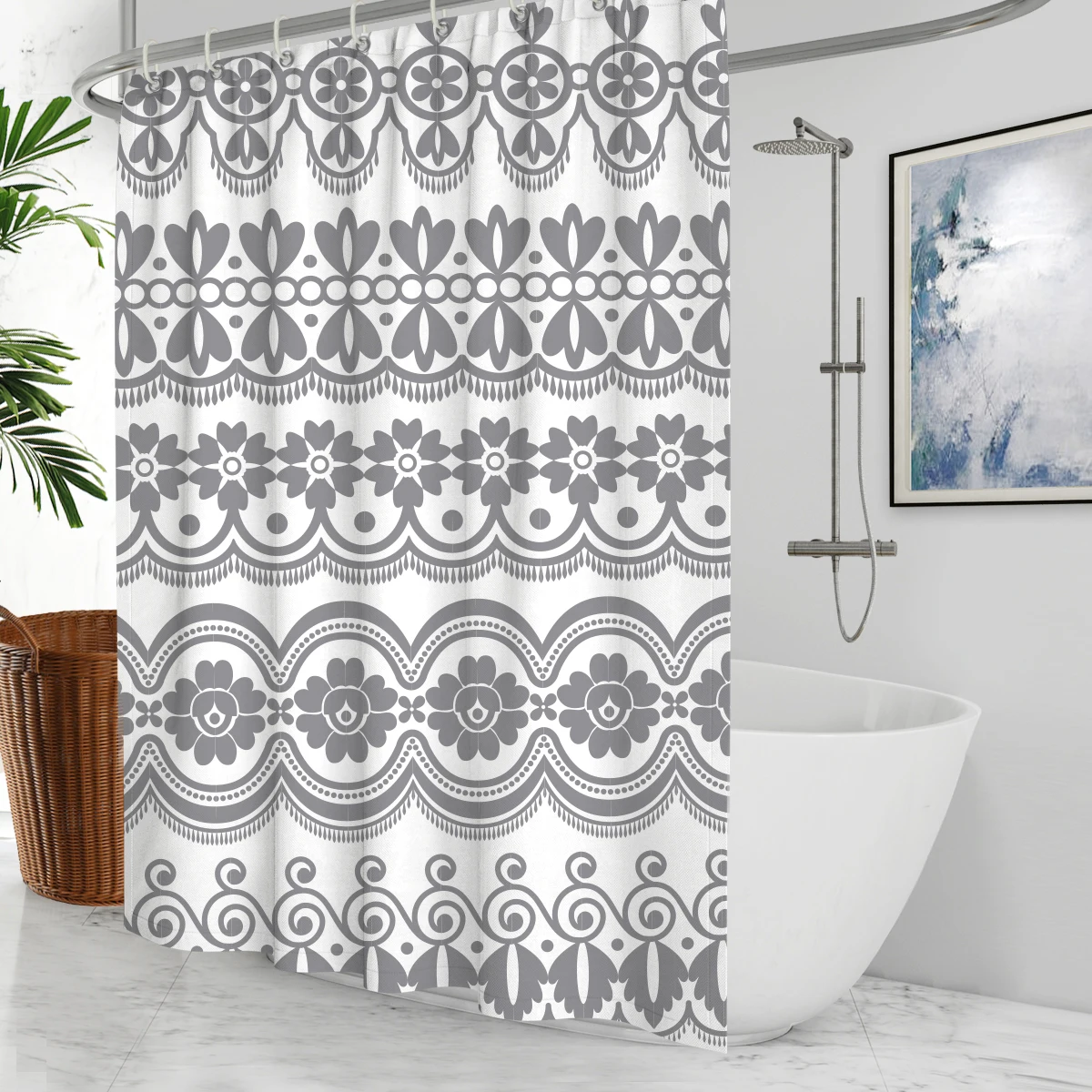 Tribal Shower Curtain Black White Aztec Border Print for Bathroom 