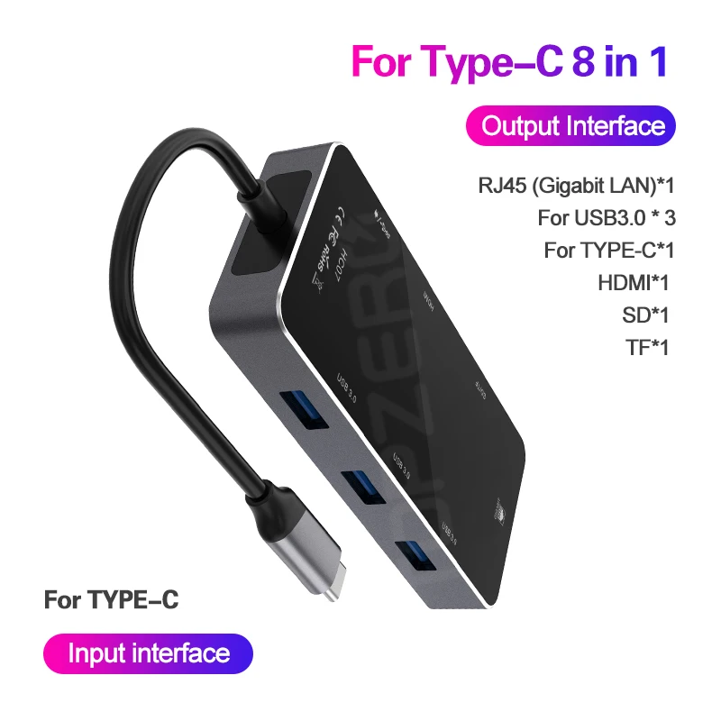 8 in 1 with cable USB3.0 type C концентратор Мульти USB 3,0 HDMI VGA SD/TF кардридер адаптер док-станция для ноутбуков Аксессуары разветвитель порт USB 3,0 type C концентратор - Цвет: 8 in 1 with cable