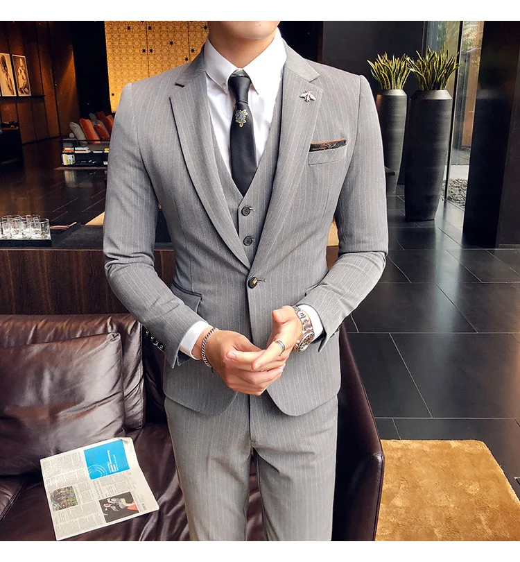 New Men's British Style Gentleman Suit Three-piece Groom With The Scorpion Host Stripe Korean Version Of The Suit