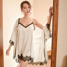 Женский халат, сатиновое кружевное элегантное удобное платье с глубоким v-образным вырезом, вечерний домашний комбинезон-шорты, ночная рубашка, сексуальный белый халат и комплект платьев