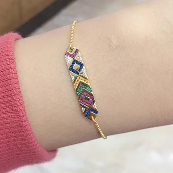

Multicolor Zircon Stone Cuff Chain Bracelet Yellow Gold Geometric Patterns Mana Tribal Adjustable Chain Bracelet Wedding Jewelry