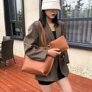 

2pcs/Set Large Capacity Shoulder Bag For Women 2020 PU Leather Solid Color Tote Bags Lady Office Big Work Handbags Composite Set