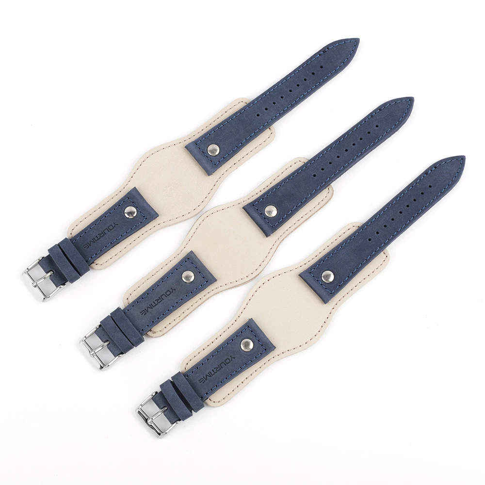 Genuine Leather Watchband 22mm Strap With Mat Handmade Men's Wrist Watch Band Blue White Tray Bands Bracelet Watch Accessories