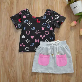 

1-4 Years Baby Girls Summer Outfits Toddler Baby Girl Cartoon T-Shirt Tops Pocket Skirt For Girls Casual Outfit