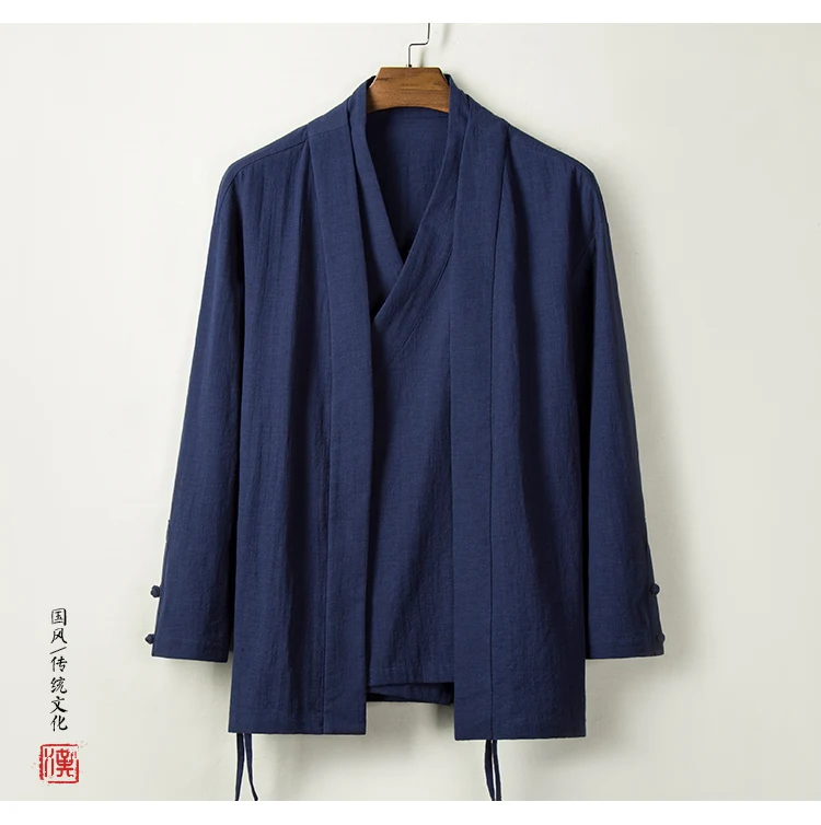 Men Youth Autumn And Winter New Style Chinese-style Flax Versatile Ethnic-Style Solid Color V-neck Long-sleeved Coat