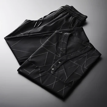 

Mens Geometric Pattern Plus Size 4XL Summer V Collar Short Sleeve Male Luxury Sport Casual Mans Sets With Pants