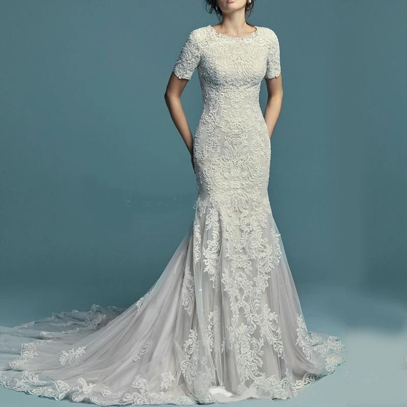 

New Lace Appliques Mermaid Modest Wedding Dresses With Short Half Sleeves Jewel Neck Buttons Back LDS Wedding Gowns Sleeved Cust
