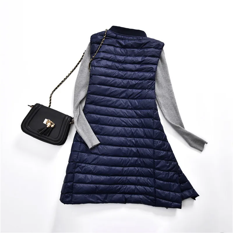 Women Duck Down Long Vest Ultra Light Portable Slim Waistcoat Female Stand Collar Sleeveless Down Jacket
