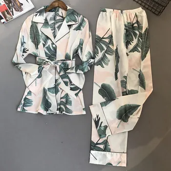 

Printing Pattern Pyjamas Women Pajamas Set Rayon Sleepwear Nightwear Long Sleeve Top Trousers Pijama Suit Femme Spring Homewear