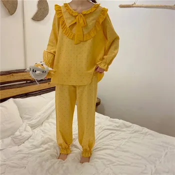 

spring autumn linen cotton pajamas set women home clothes suit ruffles bow tie polka dot loose sleepwear lounge wear pants Y183