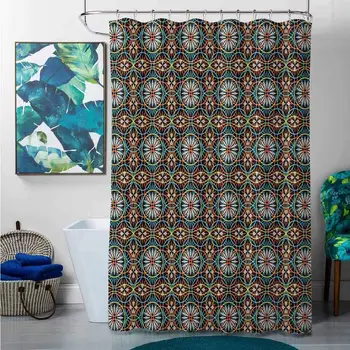 

Shower Curtains for Bathroom Cream Floral,Modern Overlapping Circle and Flora Pattern on Black Colorful Abstract Art Design,