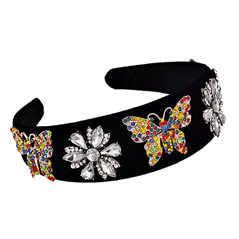 

ZHINI Women Retro Style Hairband floral Print Headband Boho Colorful Crystal Butterfly With Black Headband Statement Jewelry