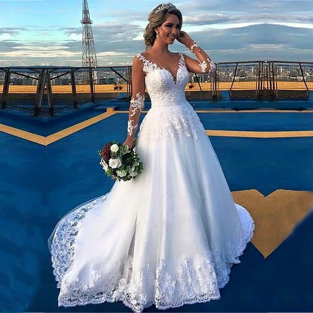 A Line Skin Tulle Long Sleeves Wedding Dress 2020 Lace Appliques Bridal Gowns Custom Made Beading Bride Dresses Robe De Mariee | Свадьбы и