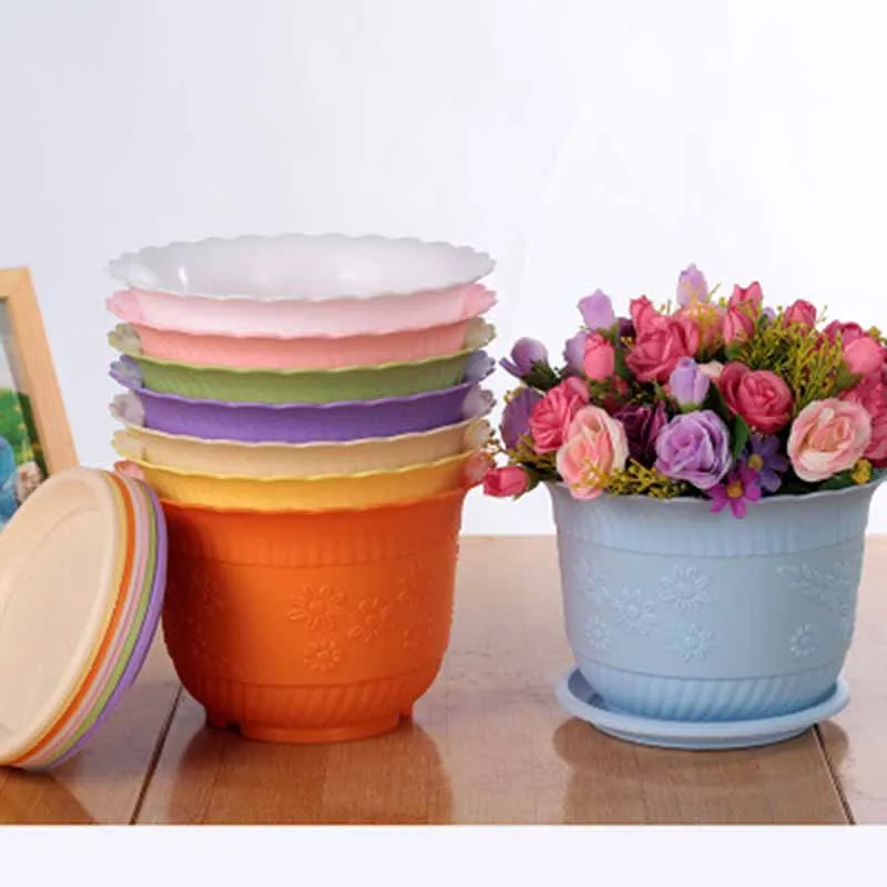 

Colourful Round Plastic Plant Flower Pot Home Office Decor Planter Pots with Trays Artificial Green Plant Bonsai Container Succulent Plants Gardening Home Decor S-XXL 1 PC