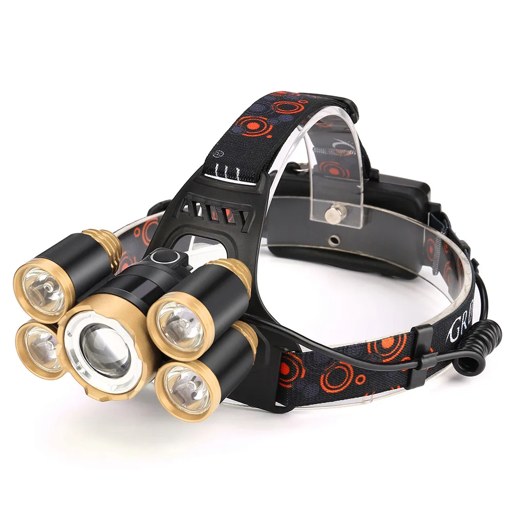 Gold 35000лм налобный фонарь 5x CREE XM-L T6 светодиодный налобный светильник вспышка светильник налобный светильник 18650 перезаряжаемый аккумулятор AC Зарядка на открытом воздухе кемпинг - Испускаемый цвет: Gold