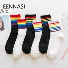 Осень и зима c бантом в полоску цветастой радуги для детей в трубке носки японский Гольфы тренд улица корейский конфетных оттенков носки для женщин