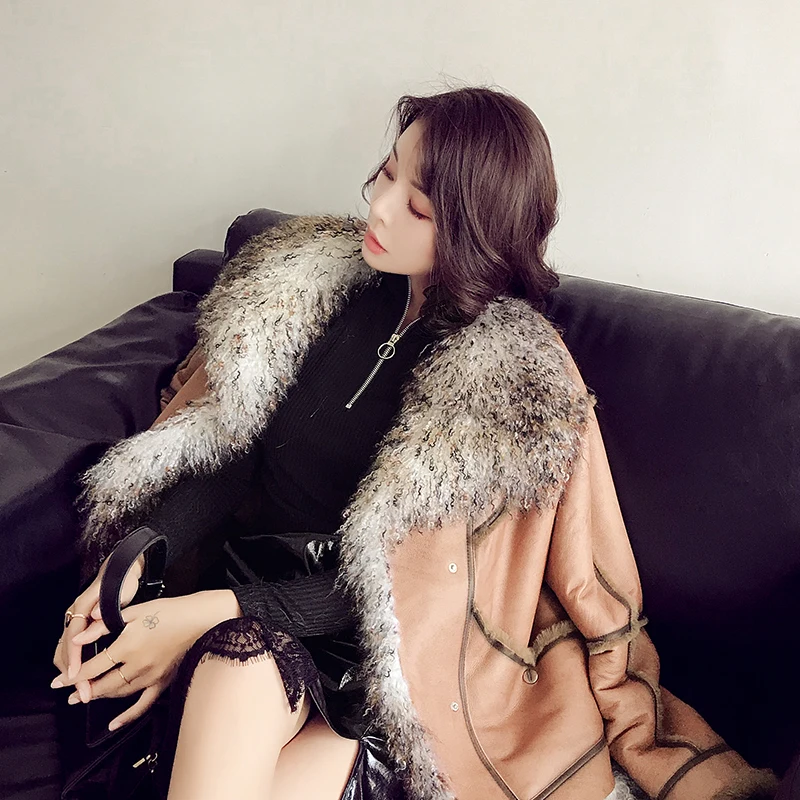 Пальто с натуральным мехом, женская куртка из натуральной кожи, осенне-зимнее пальто, женская одежда,, корейское пальто из овчины с меховым воротником, ZT4355