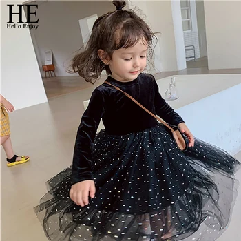 

HE Hello Enjoy Girls Velvet Star Princess Dress 2019 Kids Long Sleeve Black Lace Tutu Dresses Autumn and Winter Children Clothes