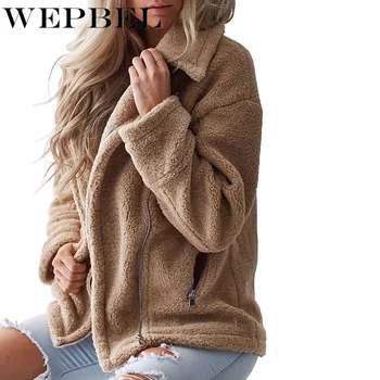 

WEPBEL Women Winter Zipper Jacket Fashion Solid Color Turn Down New Neck Warm Casual Ladies Jackets
