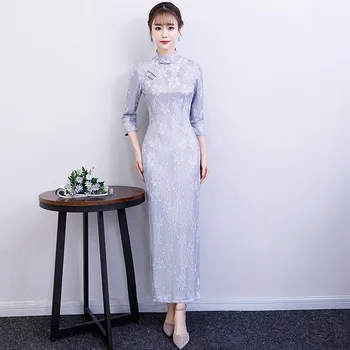 

Big Size 3XL Autumn New Arrival Vintage Half Sleeve Cheongsam Sexy Women Formal Long Dress Embroidery Flower Lace Qipao