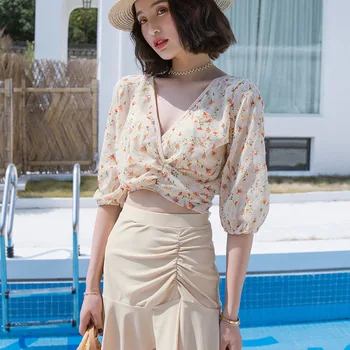 

May Female Beach Swimsuit Free Shipping Surfing Bathing Suit For Girls Split Bikini Swimsuits With Skirt Three Piece Four Women