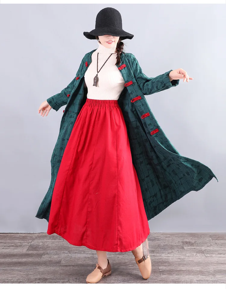Ethnic-Style Loose-Fit Jacquard Cotton Linen Frog Crew Neck Long Sleeve Mid-length Trench Coat WOMEN'S Dress Autumn New Sty