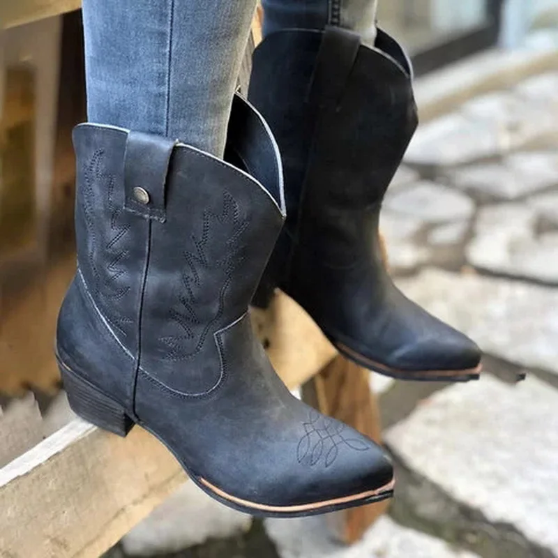 Классические женские ковбойские сапоги Вестерн для Для женщин кожаные женские ковбойские ботинки Обувь на низком каблуке Женская обувь по колено