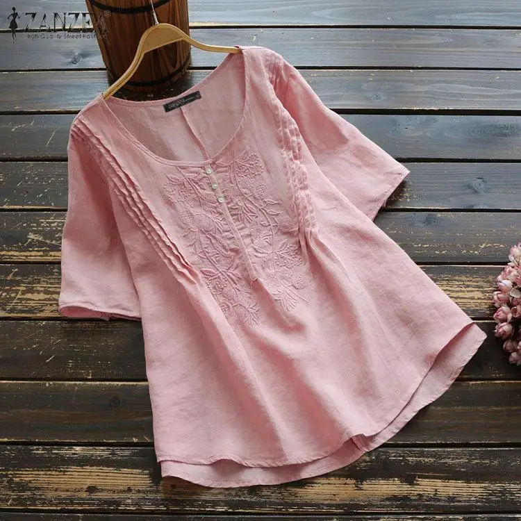 

ZANZEA Summer Blouse Women Casual Embroidery Tops Short Sleeve Solid Work Shirts Female Loose Blusas Femininas Cotton Linen Top