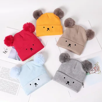 

Cartoon bear child hat autumn and winter hair ball monochrome 0-24 month baby boy girl hat infant single hat child head beanies