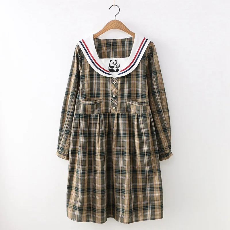 

New Autumn Long Sleeve Plaid Women Girl Loose Dresses Japanese Mori Girl Cartoon Panda Embroidery Dress Vestidos