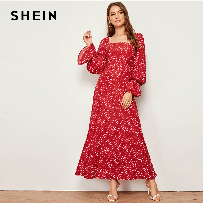 SHEIN красное Элегантное Длинное Платье с квадратным вырезом и принтом сердца, Осенний рукав-волан, высокая талия, молния сзади, расклешенные Макси платья