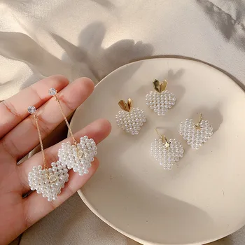 

Fashion Heart Shape Long Drop Earrings Summer Cute Beading Jewelry For Women Sweet Pearl Earrings Accessories Party Wear