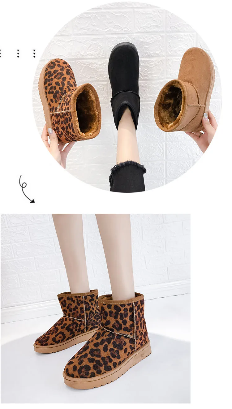 women's vulcanize shoes classic Women Winter Snow Boots Warm Flat Plus Size Platform Leopard Boots Women's Shoes New Flock Fur Suede Ankle Boots Female off white vulcanized women's