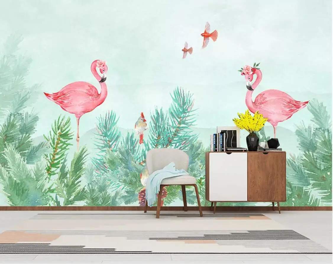 Птица Фламинго настенная бумага тропическая настенная напечатанная фото настенная бумага для улучшения дома зеленый фон холст Papel де Parede