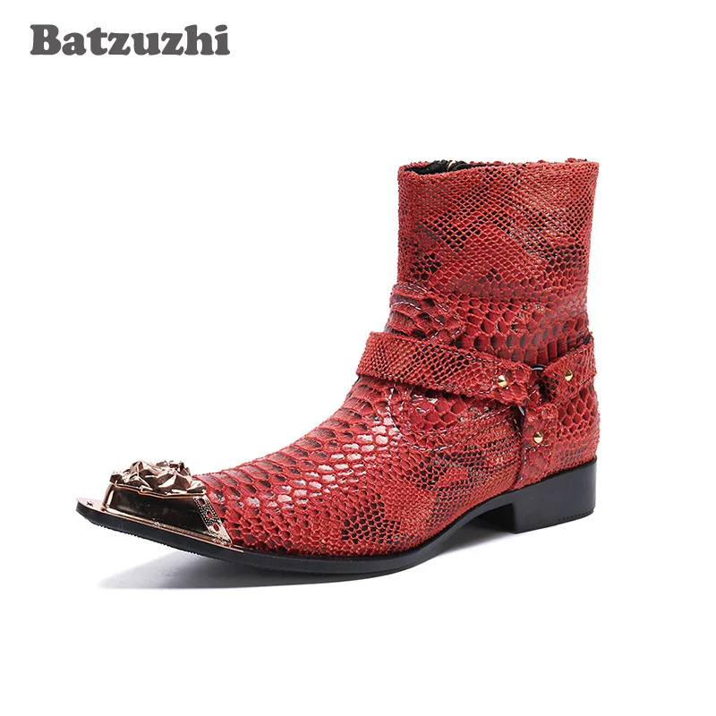 

Batzuzhi Genuine Leather Ankle Boots Men Western Cowboy Boots Men Pointed Metal Tip Motorcycle Botas Hombre, Pluz Sizes 38-46