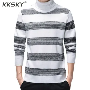 

White Striped Turtleneck Men Sweater Long Sleeve Pullovers Knitted Pull Homme Men Winter Clothes 3xl Newest Knittwear Coats