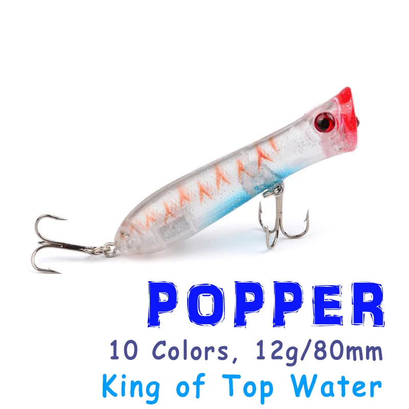 10-color 8cm/12g novo popper popper isca artificial topo água engrenagem de pesca explosão modelos 6 # gancho plástico isca de pesca novo comeer